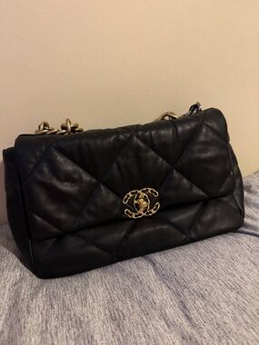 Black Quilted Clutch with Red Interior and Gold Hardware